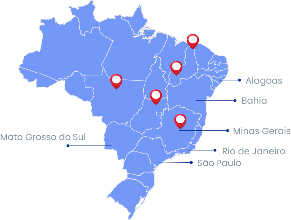 Mapa com estados onde o Coda Mundo já esteve presente, nele mostramos: Alagoas, Bahia, Minas Gerais, Rio de Janeiro, São Paulo, Rio de janeiro, São Paulo, Mato Grosso de Sul